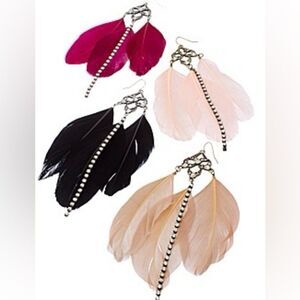 All The Rage Triple Feather Crystal Earrings​ Burgundy - NEW